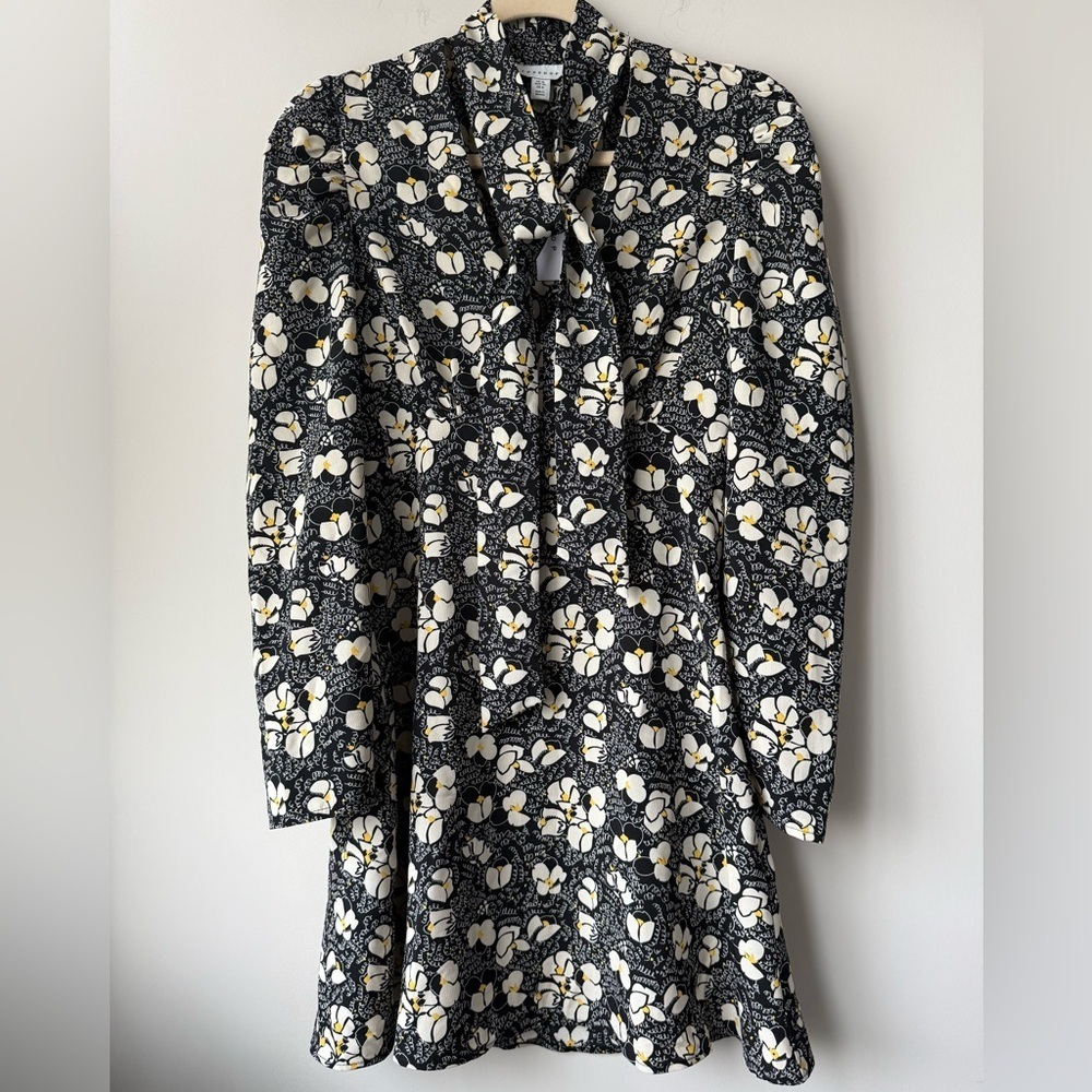 Topshop Tie Neck Floral Print Long Sleeve Mini Dress - Size 6 - Picture 3 of 8